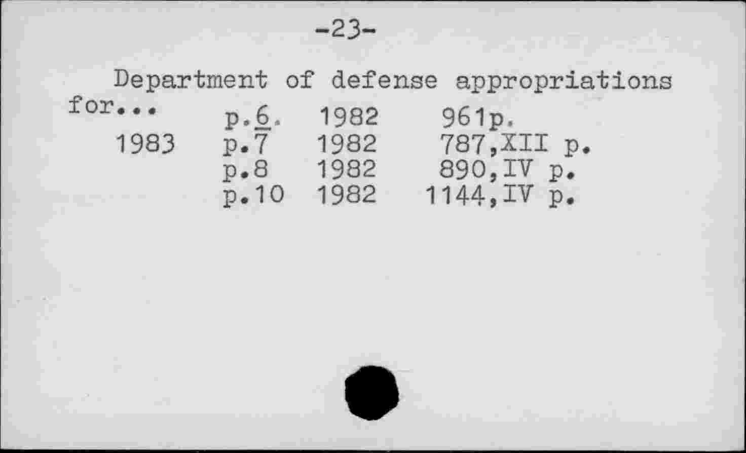 ﻿-23-
Department of defense appropriations
for..•	p. 6.	1982	961P.
1983	p.7	1982	787,XII p.
	p.8	1982	890,IV p.
	p.10	1982	1144,IV p.